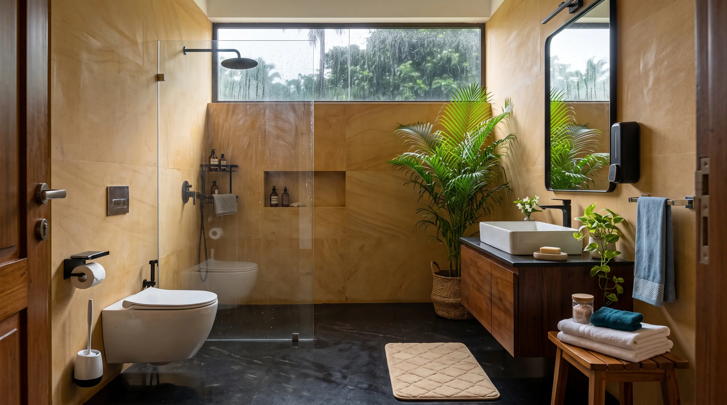 A stone bathroom in a Goa villa on a monsoon morning, with pieces from the Essentials