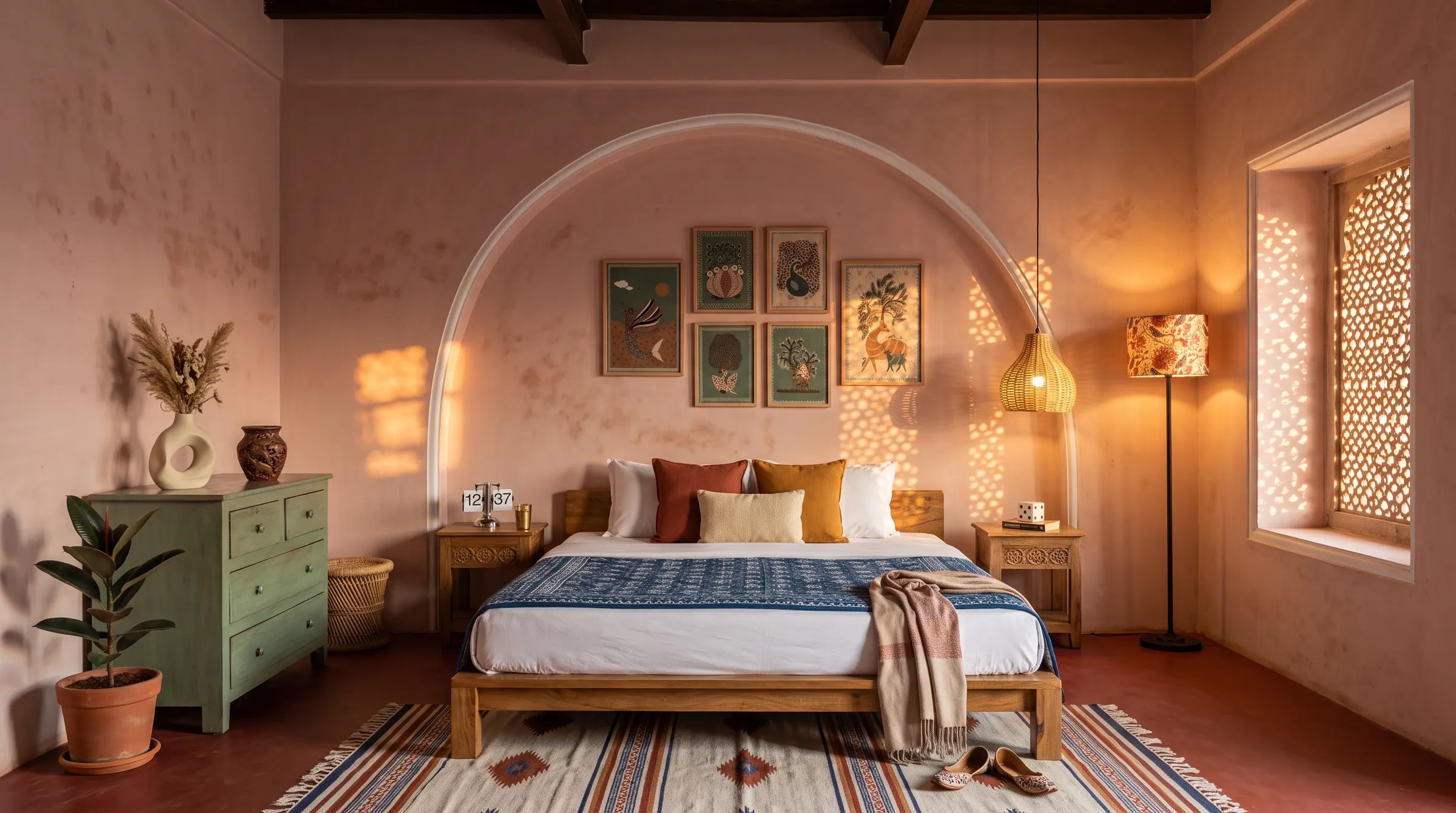 A Jaipur haveli guest room at golden hour, styled with pieces from the Collection