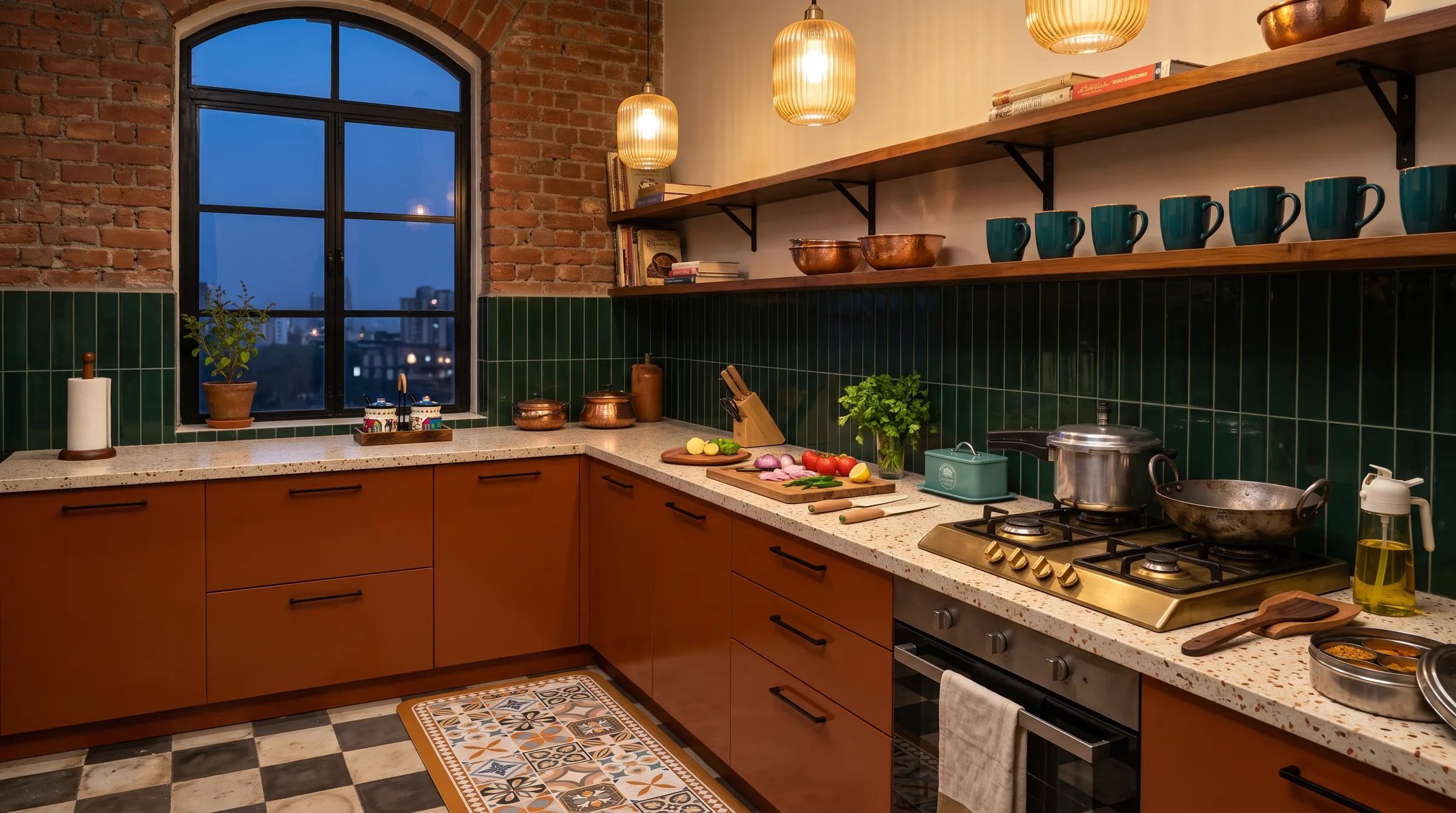 A warm Mumbai kitchen at dusk with pieces from the Essentials