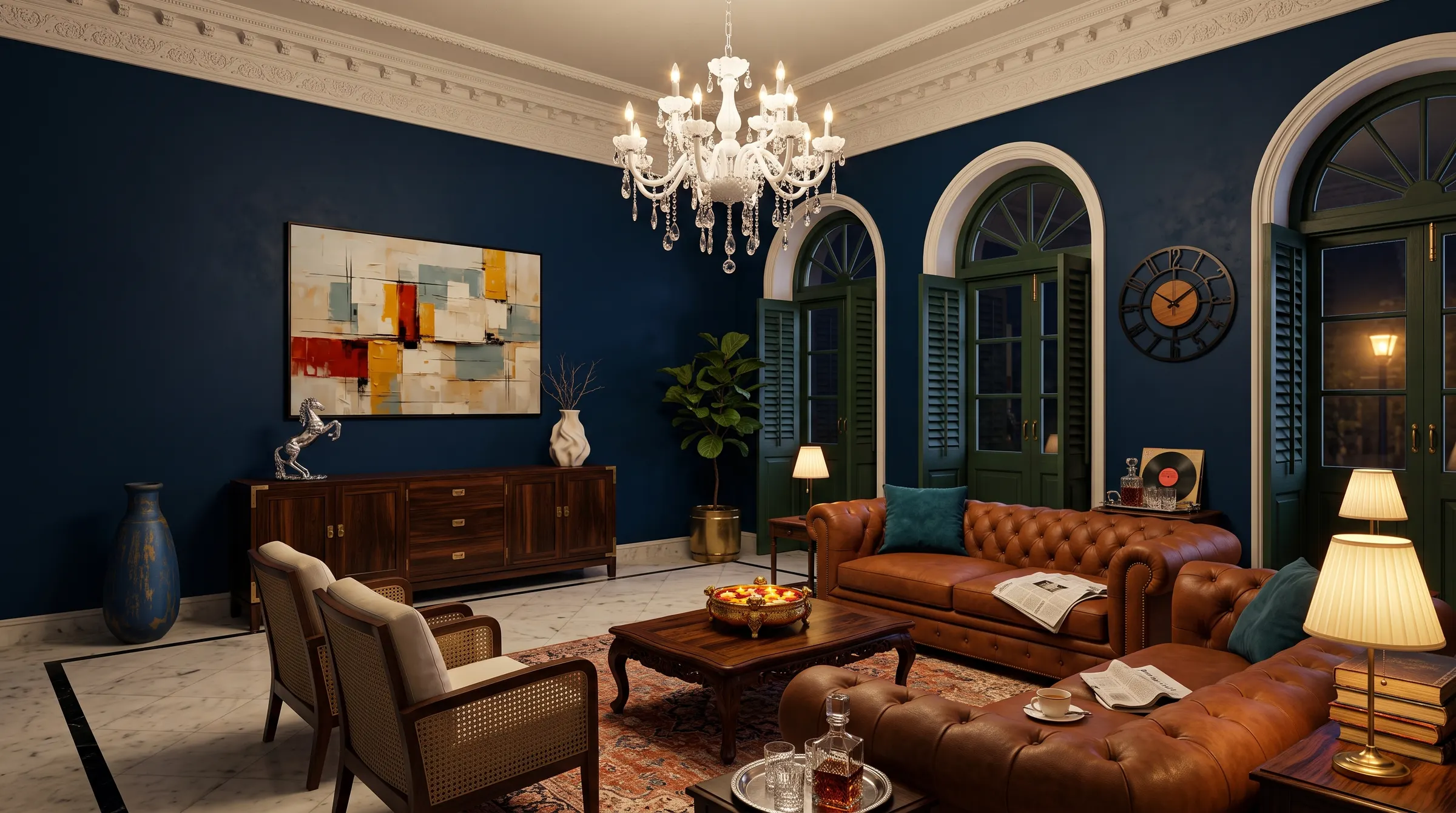 A Kolkata heritage drawing room at night, styled with pieces from the Collection